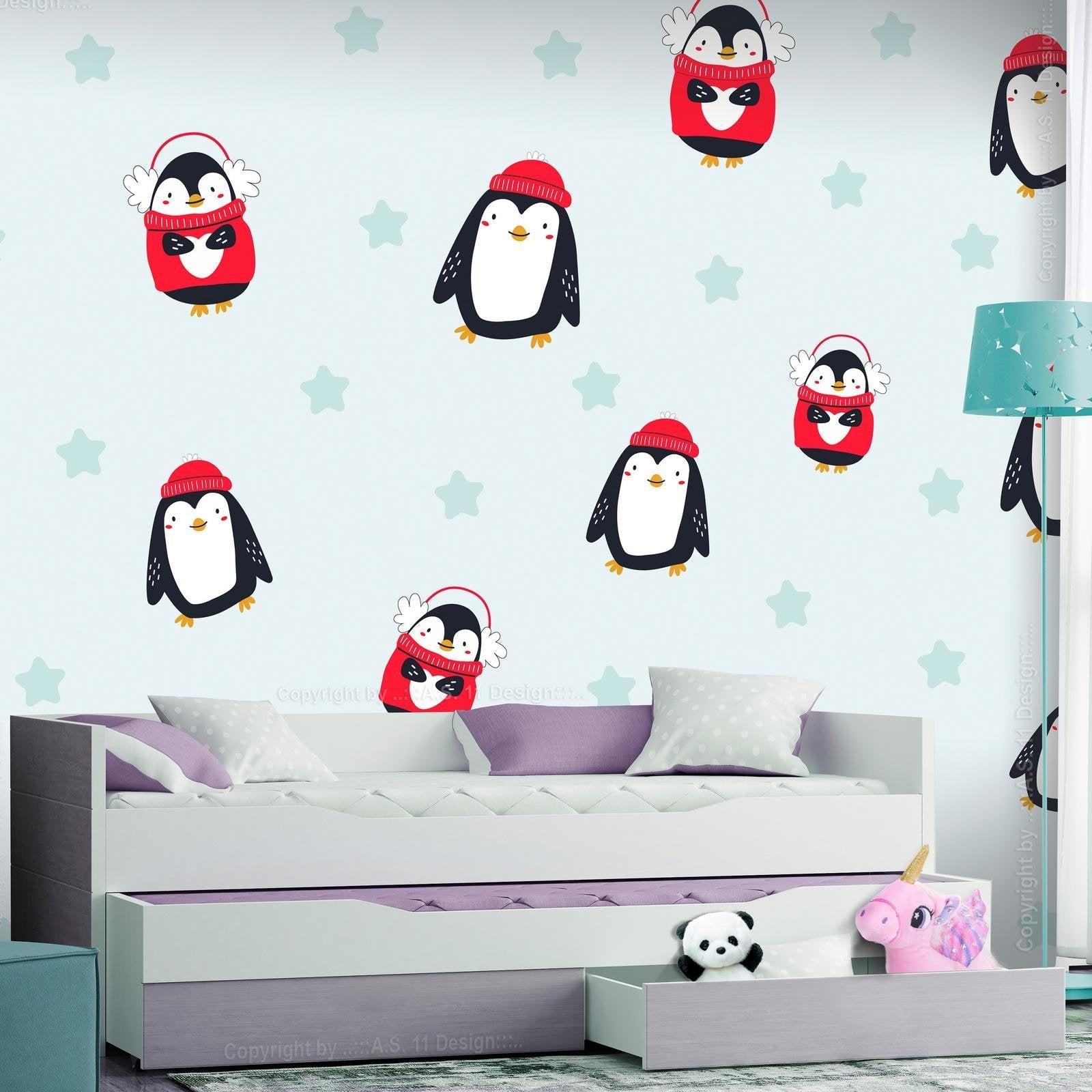 Tiptophomedecor Peel and Stick Cartoon Wallpaper Wall Mural - Brawling Penguins - Removable Wall Decals-Tiptophomedecor