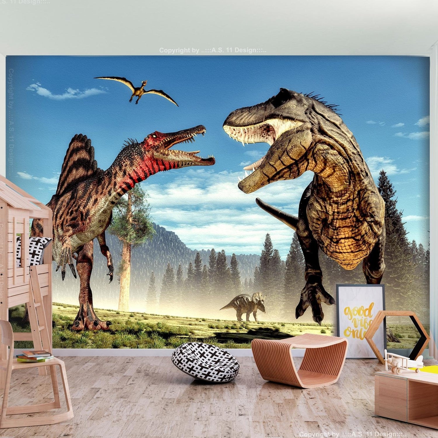 Tiptophomedecor Peel and Stick Cartoon Wallpaper Wall Mural - Fighting Dinosaurs - Removable Wall Decals-Tiptophomedecor