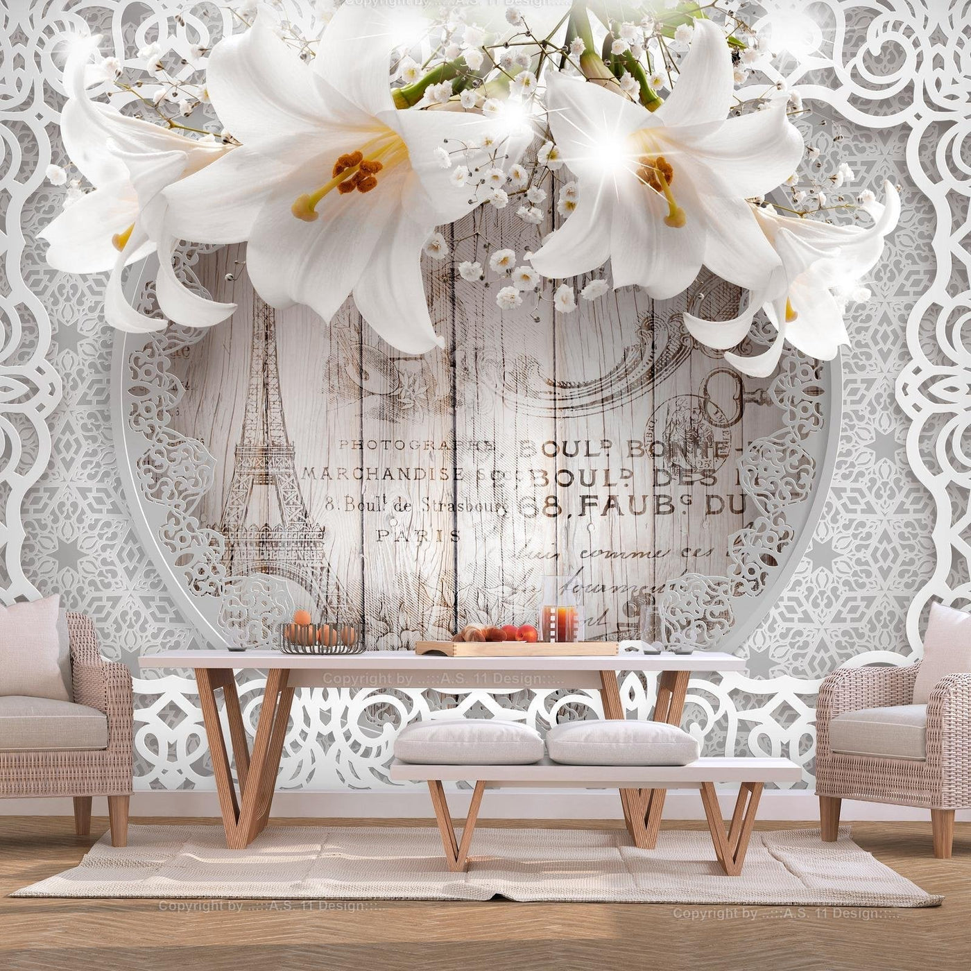Peel and stick wall mural - Lilies and Wooden Background-TipTopHomeDecor