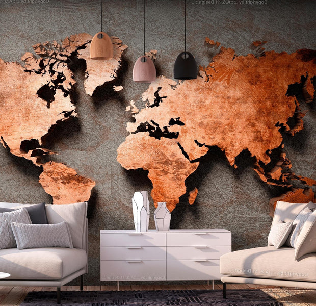 Tiptophomedecor Peel and Stick World Map Wallpaper Wall Mural - Copper Map - Removable Wall Decals-Tiptophomedecor