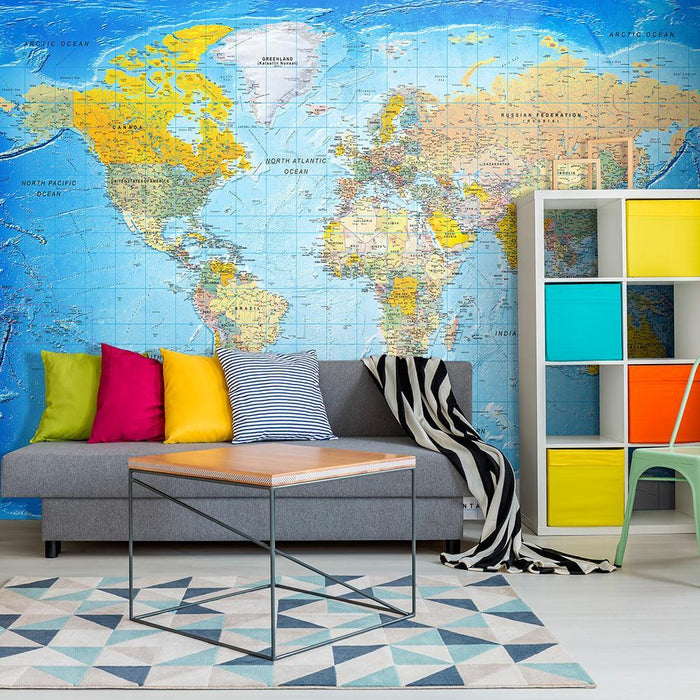 World Maps: Colored Map and Flags - Removable Wall Adhesive Wall Decal Large