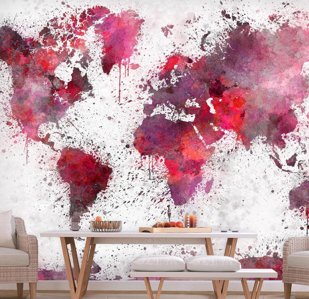 Peel and stick wall mural - World Map: Red Watercolors-TipTopHomeDecor