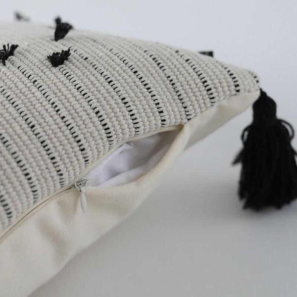 White Black Geometric Woven Embroidered Tassels Cushion Covers-TipTopHomeDecor