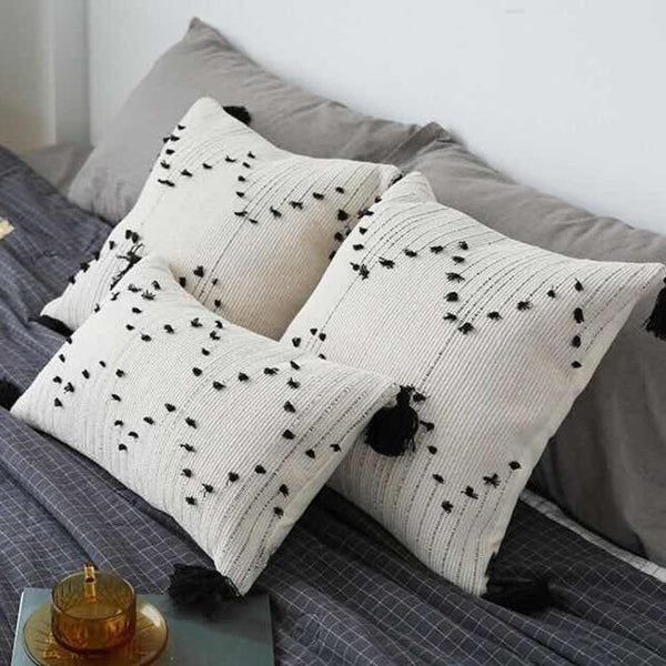 White Black Geometric Woven Embroidered Tassels Cushion Covers-TipTopHomeDecor