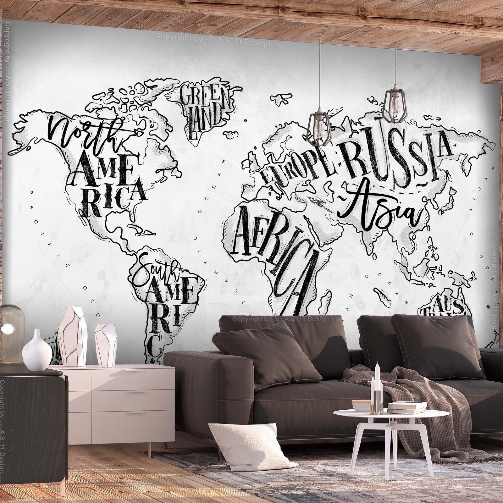 World Map Wall Mural - Retro Continents Grey-Tiptophomedecor